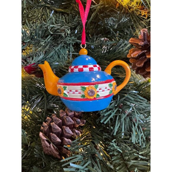 Mary Engelbreit Miniature Teapot Ornament Blue Yellow Sunflowers Flowers Christm - Picture 3 of 16